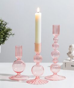 Glasseam Glas Kerzenständer Rosa 3er Set - Bunter Stabkerzenhalter für Weihnachten Tischdeko Wohnzimmer