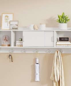 Hzuaneri Wandgarderobe mit 4 Ablagefächern 5 Haken Schiebetür 101x33x15cm Weiß