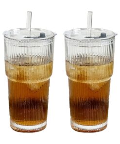 Divuukyi 2 Stück 600 ml Doppelwandige Glasbecher mit Deckel und Strohhalm - praktischer Kaltgetränkebehälter für Kaffee,