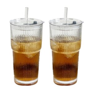 Divuukyi 2 Stück 600 ml Doppelwandige Glasbecher mit Deckel und Strohhalm - praktischer Kaltgetränkebehälter für Kaffee,