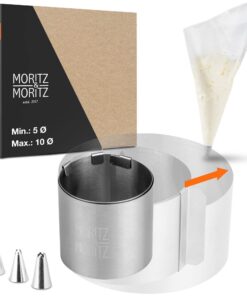 Moritz & Moritz Verschliessbarer Tortenring - 5cm bis 10cm - Edelstahl - Backzubehör inklusive 10 Spritzbeuteln und 3 Au