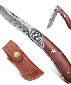 Freelander Klein Outdoor Klappmesser, Zweihandmesser aus 5CR15 Stahl, Damast mit Holzgriff für Camping & Survival & Ange