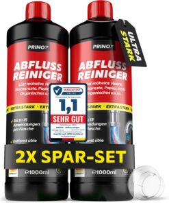 PRINOX 2x 1000ml Abflussreiniger EXTREM STARK - Entfernt Haare, Essensreste & organisches - Biologisch abbaubar, Hitzefr