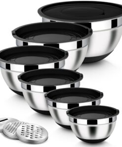 Homikit Rührschüssel Set, Edelstahl, 6-Tlg., Schwarz, Salatschüssel mit Reibenaufsätzen, Luftdichter Deckel & Silikonbod