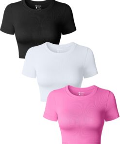 OQQ 3er Pack Damen Tops Kurzarm Rundhals Slim Fit Bauchfrei Sommer Crop Top Trendsich T-Shirt