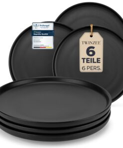 Twinzee Ebony Steingut Essteller Set für 6 Personen - Matt-Schwarz Große Teller Mikrowellengeeignet