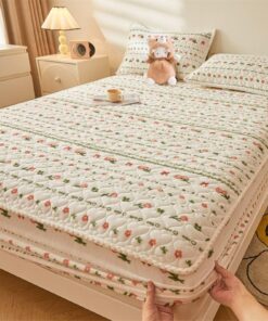 Aotiwe Fitted Sheet Topper Rot Grün Blumen-Streifen für Schlafzimmer Milchsamt 90x200cm mit Kissenbezug