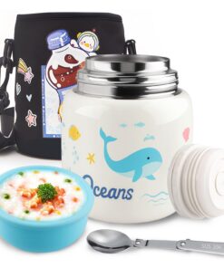 Edelstahl-Thermobehälter für Warmhalten von Essen 500ml Kinder mit faltbarem Löffel (Blauwal)