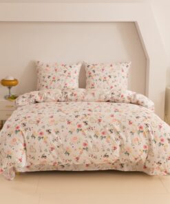 Bettwäsche 155x200 cm Mikrofaser Baumwolle - Blumen Hase/Beige Herbst-Ostern Set 3 Teilig OEKO-TEX