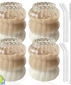 YIDM Kaffee Tassen-clear Glass Cups-Iced Drink-4 Piece Coffee Glass Tumblers with 4 Straws+2 Strainers-Wavy Drinking Gla