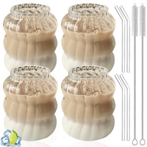 YIDM Kaffee Tassen-clear Glass Cups-Iced Drink-4 Piece Coffee Glass Tumblers with 4 Straws+2 Strainers-Wavy Drinking Gla