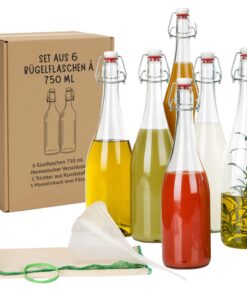6er Set 750ml Glas Bügelflaschen mit luftdichtem Verschluss | Ideal für Kombucha Fermentation | Inkl. Trichter, Tuch & P