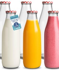 HEFTMAN Glas-Milchflaschen 1 Liter Set mit 6 luftdichten Flaschen mit rotem Gingham-Deckel HM3755
