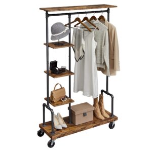 VASAGLE Rollenkleiderständer für Frau, 5-Ablagen-Garderobenständer, vintagebraun-schwarz, 40 x 103,5 x 174,5 cm, Industr