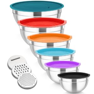 TEAMFAR Rührschüssel, Edelstahl Schüssel Set für Backen Vorbereiten, Spülmaschinenfest Bunt 4,6L/2,8L/2,5L/1,6L/1,2L/0,7