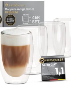 Lemontree 4er Set Latte Macchiato Gläser 450ml - Gastronomie Qualität - doppelwandige Gläser aus Borosilikatglas - ideal