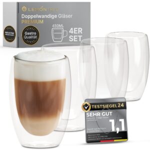 Lemontree 4er Set Latte Macchiato Gläser 450ml - Gastronomie Qualität - doppelwandige Gläser aus Borosilikatglas - ideal