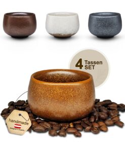 Dickwandige Steinguttassen SET 4x80ml für Kaffee und Espresso, handgefertigt ohne Henkel | Spülmaschinenfestes Steingut