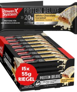 Power System Protein Deluxe White Chocolate Caramel - Hoher Eiweißgehalt, nüchterer Zuckergehalt, 15x55g, Proteinriegel