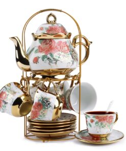 Goldmeet 20-teiliges Porzellan-Teeset mit Metallhalter - Europäisches Keramik-Teeset für Erwachsene - Kaffee für 6 Perso