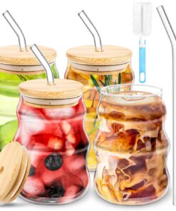 BUOAZR Latte Macchiato Gläser Set für Eiskaffee und Eistee, 4 Stück 530ML Gewellte Eisgläser mit Deckel und Reinigungsbü