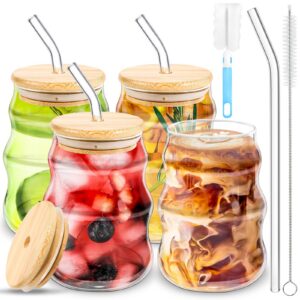 BUOAZR Latte Macchiato Gläser Set für Eiskaffee und Eistee, 4 Stück 530ML Gewellte Eisgläser mit Deckel und Reinigungsbü