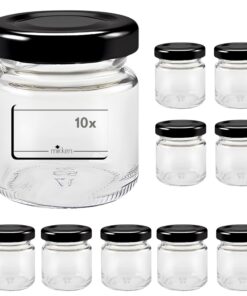 Mikken 10 kleine Einmachgläser 53ml für Marmelade mit Schwarzem Deckel und Etiketten