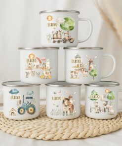 Wolga-Kreativ Emaille Tasse Bauernhof personalisiert - Robuste Kinder Tassen, BPA-frei, Spülmaschinenfest - Personalisie