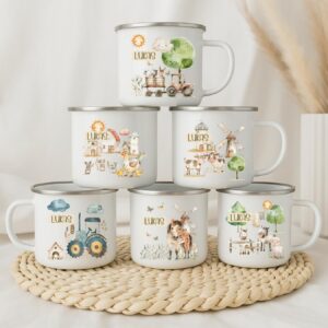 Wolga-Kreativ Emaille Tasse Bauernhof personalisiert - Robuste Kinder Tassen, BPA-frei, Spülmaschinenfest - Personalisie