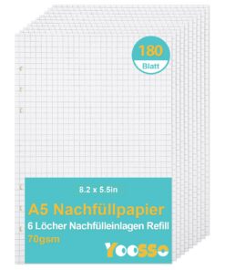 180 Blatt Kariertes Nachfüllpapier für A5 Ringbücher, ideal für Notizbuch- und Skizzennotizen. | 6 Löcher Ringbuch Nach
