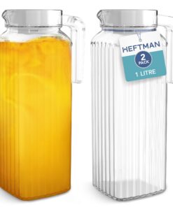 HEFTMAN Wasserkrug aus Glas 2er-Pack (1 Liter) für Kühlschrank mit auslaufsicherem Auslauf & belüftetem Deckel