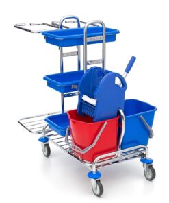 Reinigungswagen Presse 2x 17 Liter Eimer 3x Ablagefächer 2x 120 Liter Müllsackhalterung