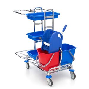 Reinigungswagen Presse 2x 17 Liter Eimer 3x Ablagefächer 2x 120 Liter Müllsackhalterung