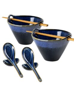 Ramen Nudel Suppenschalen - Keramik Set Mit Essstäbchen, Löffel und Löffelruhe, für Asiatische Speisen - 2 X 600 ml - Bl