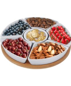 Drehbares Keramik Dip-Set mit 6 Weißporzellan-Schalen & Bambusplatte für Snacks & Party