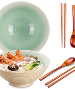 Keramische Ramen Schüssel - 1200ml - 20 cm - Mit Löffel und Essstäbchen für Pho, Udon & Asienreisennudeln (Weiße Glasur