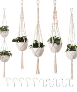 Petutu Boho Deko Makramee Blumenampel für Innen und Außengebäude (Beige) | Petutu 5er Set Makramee Blumenhangertiere Ba