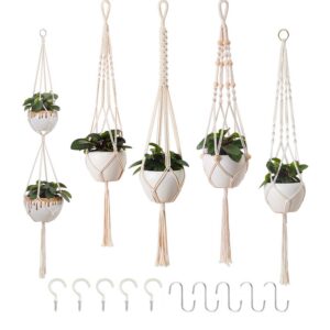 Petutu Boho Deko Makramee Blumenampel für Innen und Außengebäude (Beige) | Petutu 5er Set Makramee Blumenhangertiere Ba