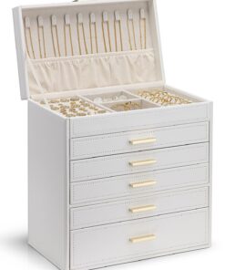 Vlando Lage Schmuckkästchen für Damen - Weiß - Schmuck-Organizer für Ohrringe, Halsketten, Ringe, Uhren - Hochzeit und G