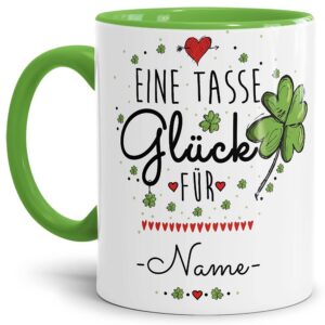Tasse mit Spruch - Glück für Freunde selbst gestalten - Geschenkidee mit Wunschname - Innen & Henkel Hellgrün, 300 ml T
