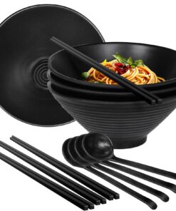 Ramen Schüssel 1600ml Melamin 4er Set | Japanische Noodle Bowls mit Essstäbchen & Löffel | Schwarz für Ramen Suppe Salat