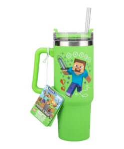 Paladone Minecraft-Thermobecher mit Strohhalm - Steve und Creeper Motiv, 850 ml grün, offiziell lizenzierter Quencher-Re
