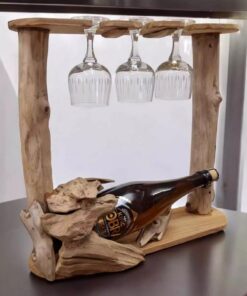 Kinaree Teak Wurzelholz Flaschenständer - Flaschenhalter für edle Liköre und Weine (1 Flasche / 3 Gläser) - Geschenk für