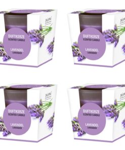 pajoma® Düftkerze 4er Set - Lavendel im satinierten Glas | 4x 120g Wachs, 25 Stunden Brennzeit, edles Geschenkset | Prem