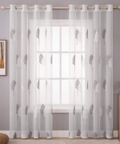 MIULEE Transparent Wohnzimmer Vorhänge mit Grau und Weiß Blätter Muster, Modern Stickerei, Deko für Schlafzimmer, 2er Se