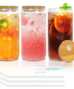 YUEYEE Trinkgläser für Bubble Tea und Smoothies, wiederverwendbar, 3er-Set 500 ml, mit Bambusdeckel und Glasstrohhalmen