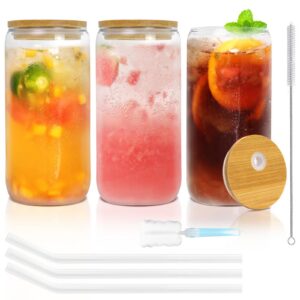 YUEYEE Trinkgläser für Bubble Tea und Smoothies, wiederverwendbar, 3er-Set 500 ml, mit Bambusdeckel und Glasstrohhalmen