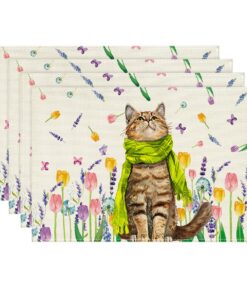 Artoid Mode Blumen Tulpen Lavendel Katze Frühling Platzsets, Urlaub Tischsets Waschbar Deko, OEKO-TEX STANDARD 100