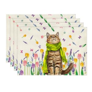 Artoid Mode Blumen Tulpen Lavendel Katze Frühling Platzsets, Urlaub Tischsets Waschbar Deko, OEKO-TEX STANDARD 100