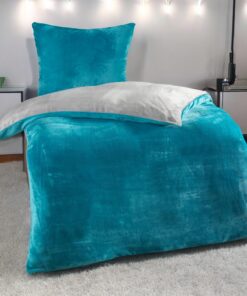 DreamHome Winter Wende Plüsch Bettwäsche Grau-Petrol + Kissenbezug 80x80 für Entspannung im Winter + Cashmere Touch + Co